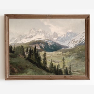 Mountain Landscape Print, Vintage Rustic Painting, Digital Print, Vintage Cabin Print, Printable Art