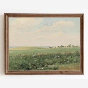 Vintage Country Meadow Painting: Farmhouse Landscape Print (Digital Download)