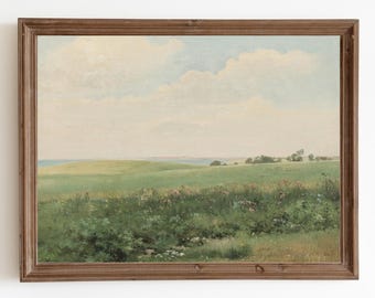 Vintage Country Meadow Painting: Farmhouse Landscape Print (Digital Download)
