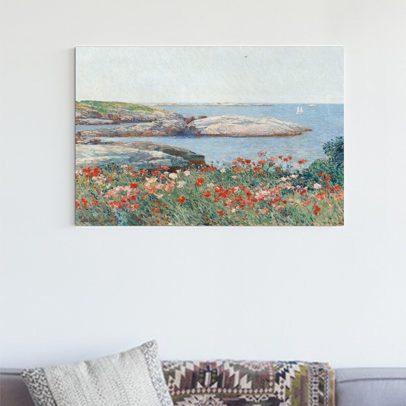 Coastal Floral Landscape Print, Vintage Seascape Painting, Rocky Beach Print, Seascape Flowers, Landscape Oil Painting, Ocean Printable Art image 9