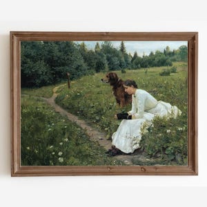 Vintage Woman and Dog Landscape Painting Art Print (Digital Download)