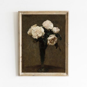 Vintage Rose Still Life Painting: Moody Floral Art Print (Digital Download)