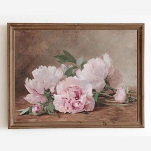 Pintura de peonías rosas, pintura de naturaleza muerta con flores vintage, arte mural de peonías, impresión de peonías rosas, arte imprimible, impresión digital