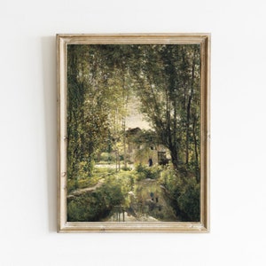 Country Oil Painting, Vintage Stream Landscape Print, Rustic Farmhouse, Summer Painting DIGITAL Print, Printable Art