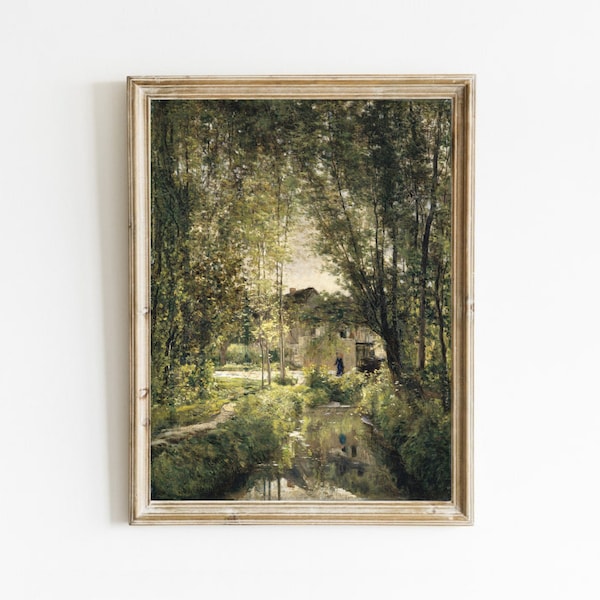 Land olieverfschilderij, vintage stream landschap print, rustieke boerderij, zomer schilderij digitale print, afdrukbare kunst