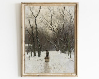 Vintage winterlandschapsschildering: besneeuwde scène Art Print (digitale download)