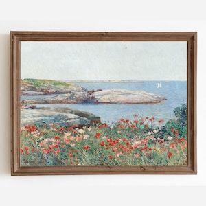 Coastal Floral Landscape Print, Vintage Seascape Painting, Rocky Beach Print, Seascape Flowers, Landscape Oil Painting, Ocean Printable Art image 1