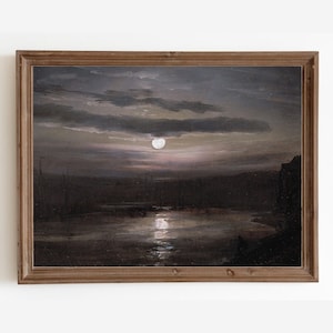 Moonlight Landscape Painting, Vintage Moody Print, Night Painting, Dark Sky Print, Oil Painting, Digital Printable Art