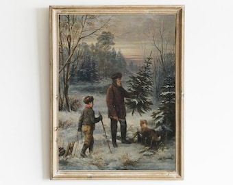 Vintage Christmas Tree Print: Winter Landscape Painting (Digital Download)