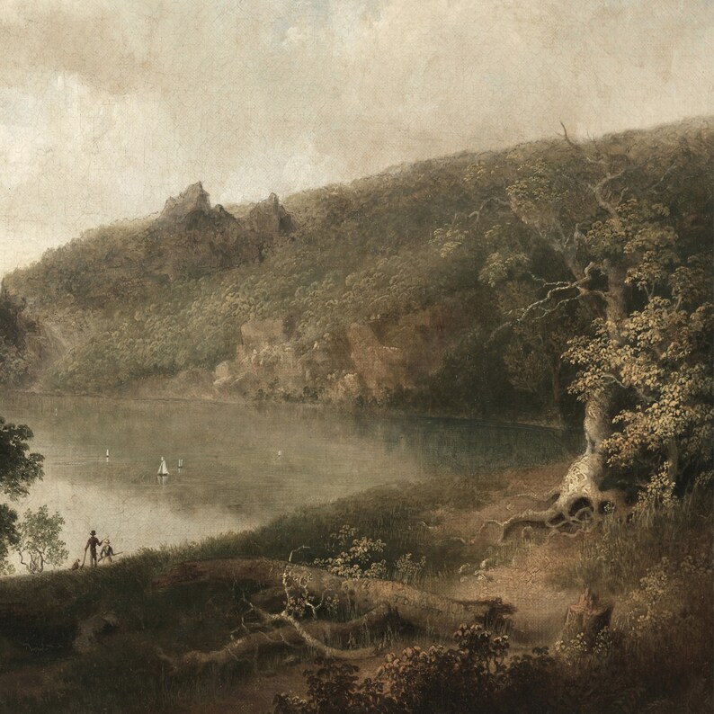 May include: An antique landscape painting depicts a serene lake scene. The artwork features a lush, green hillside, a calm body of water, and small sailboats. Two figures stand on the grassy bank, adding a sense of scale to the natural setting.