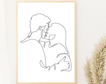 One Line Drawing Set, Minimalist Couple Kissing, Couple Kiss Illustration,  Romantic Wall Art, No 02 #2 Wood Print by Mounir Khalfouf - Pixels