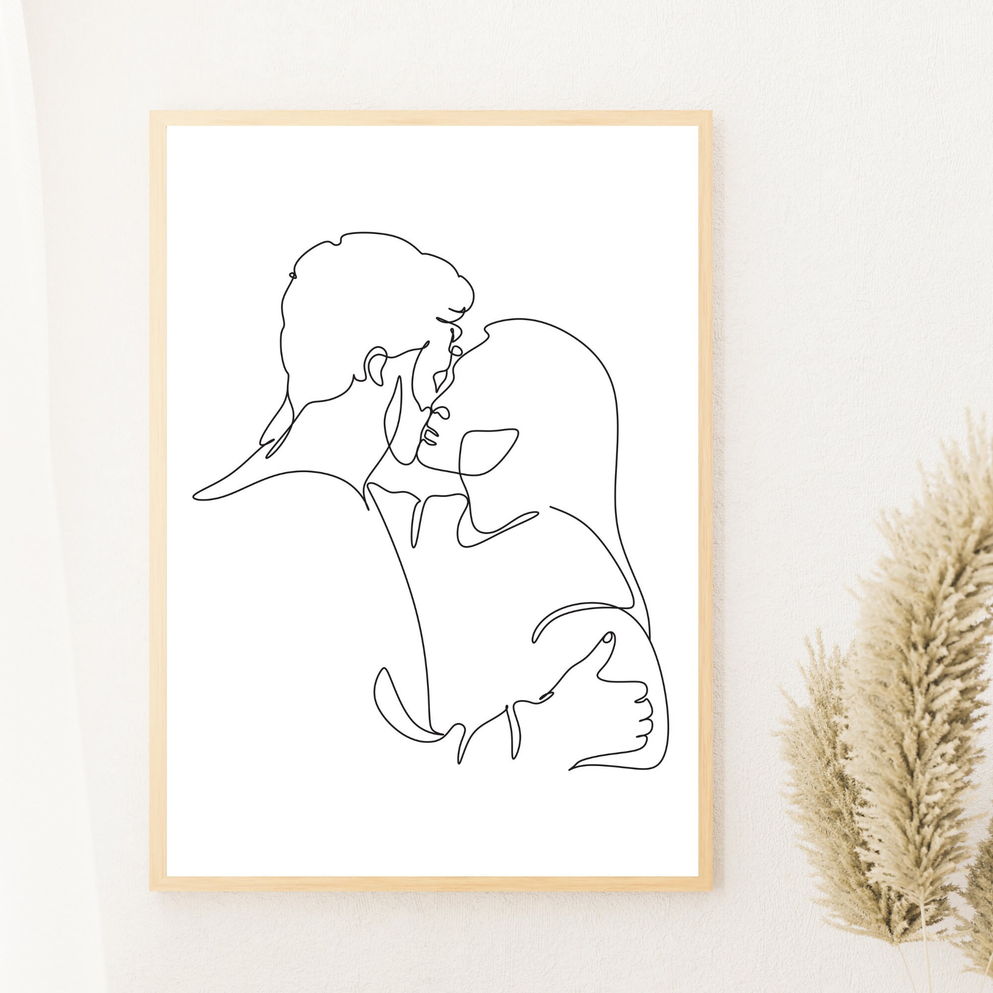 One Line Drawing Set, Minimalist Couple Kissing, Couple Kiss Illustration,  Romantic Wall Art, No 02 #2 Wood Print by Mounir Khalfouf - Pixels