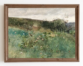 Dipinto di prato primaverile, stampa di paesaggio vintage, arredamento fattoria francese, arte stampabile, stampe scaricabili
