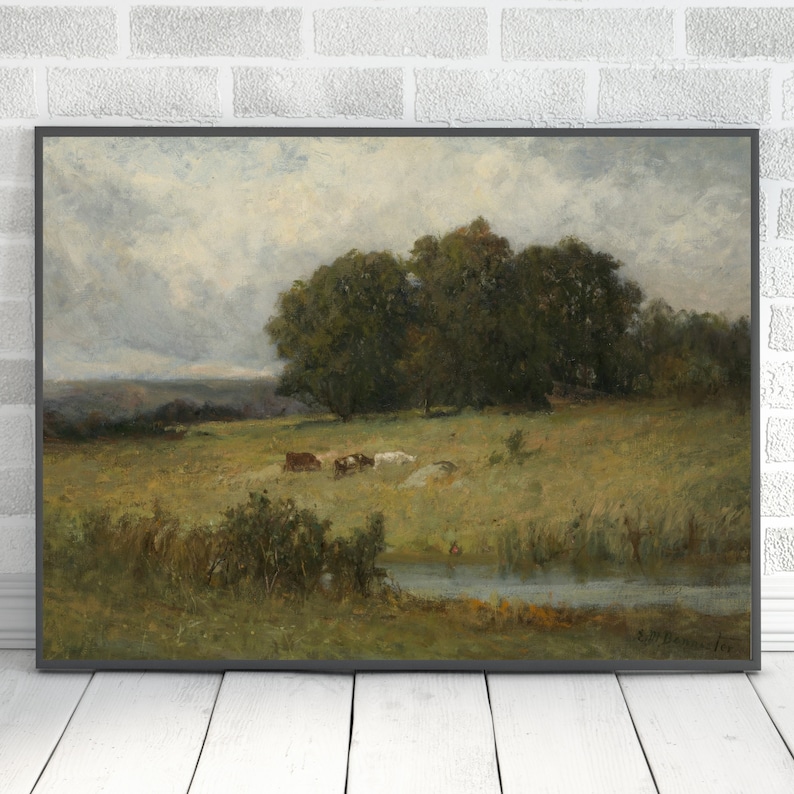 Country Landscape Print, Vintage Oil Painting, Meadow Painting, Farmhouse Decor, Antique Wall Art, Landscape Painting, Printable Wall Art image 9