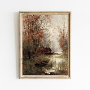 Fall Landscape Art Print, Autumn Landscape Painting, Vintage Trees Print, Country Fall Decor, Digital Printable Art