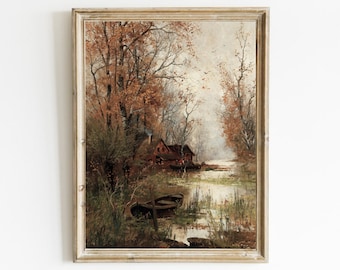 Vintage Autumn Landscape Painting: Country Farmhouse Art (Digital Download)