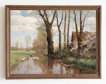 Country Farmhouse Painting, Vintage River Landscape Print, Cottage Painting, Downloadable Printable Art
