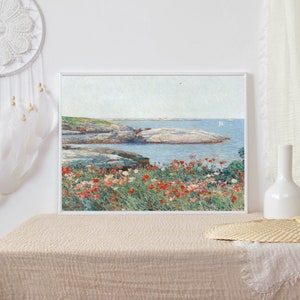 Coastal Floral Landscape Print, Vintage Seascape Painting, Rocky Beach Print, Seascape Flowers, Landscape Oil Painting, Ocean Printable Art image 8