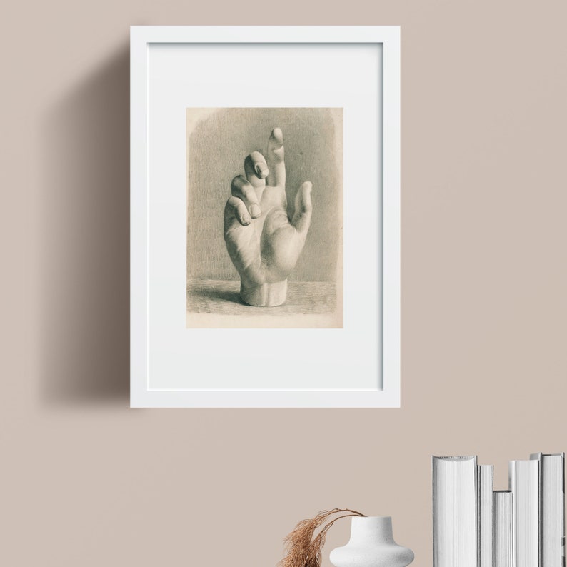 May include: A black and white drawing of a plaster hand with the fingers extended. The hand is resting on a textured surface.