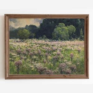 Vintage Meadow Painting, Watercolor Flowers Landscape Print, Spring Field, Purple Flowers, Printable Art, Downloadable Prints
