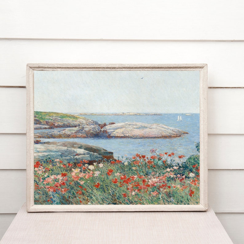 Coastal Floral Landscape Print, Vintage Seascape Painting, Rocky Beach Print, Seascape Flowers, Landscape Oil Painting, Ocean Printable Art image 10