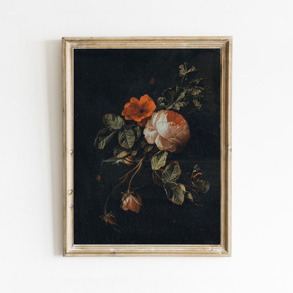 Vintage Floral Print, Still Life with Roses, Antique Flower Painting, Dark Academia Decor, Moody Wall Art, Botanical Print, Printable Art