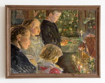 Pintura vintage de árbol de Navidad para niños, impresión artística navideña, descarga digital