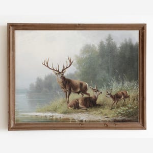 Rustic Deer Painting, Vintage Landscape Painting, Hunting Deer Art, Cabin Decor, Printable Art, Digital Downloadable Art