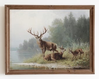 Rustic Deer Landscape Painting: Vintage Cabin Decor (Digital Download)