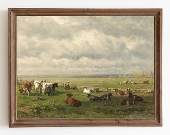 Meadow Landscape Painting, Vintage Country Landscape Print, Cow Painting, Farmhouse Decor, Cattle Painting, Printable Art