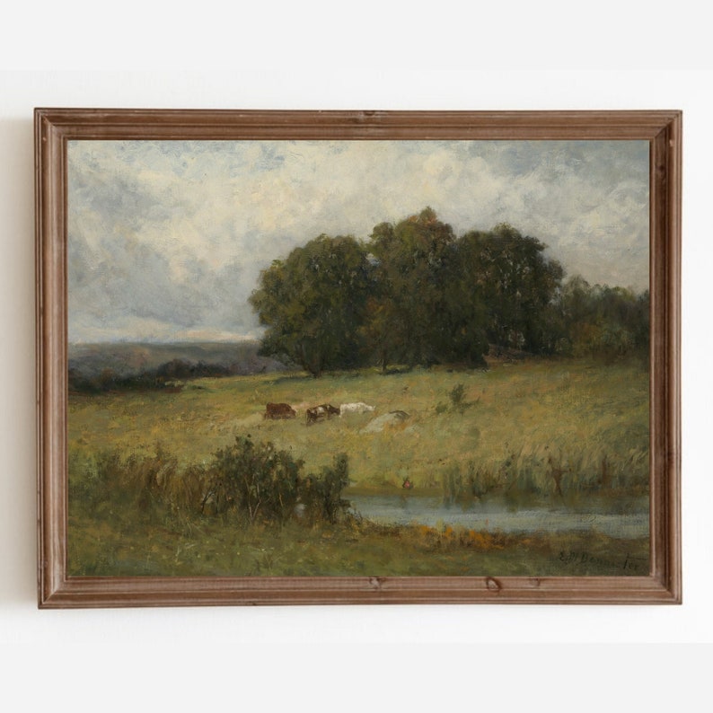 Country Landscape Print, Vintage Oil Painting, Meadow Painting, Farmhouse Decor, Antique Wall Art, Landscape Painting, Printable Wall Art image 1