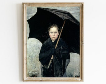 Vintage Girl Portrait Painting, Moody Art Print, Girl With Umbrella, Antique Portrait Painting, Vintage Art Print, Digital Printable art