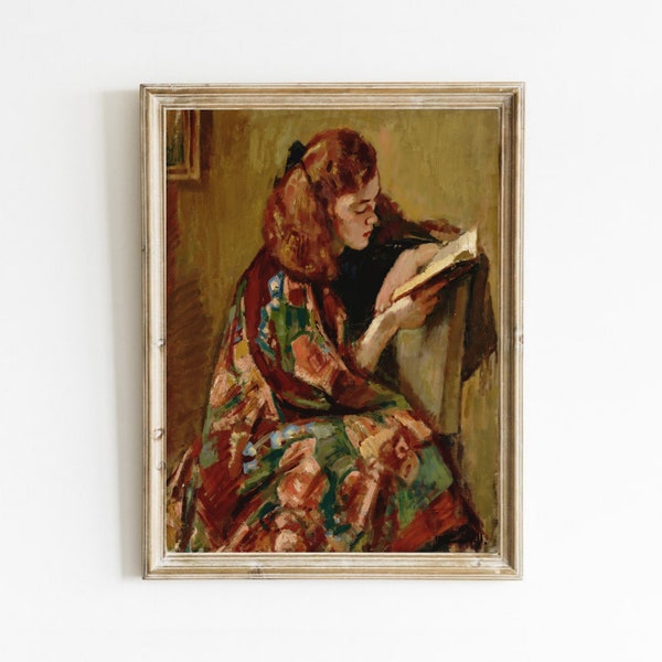 Portrait de femme lisant, peinture à l’huile vintage, décor antique, œuvre d’art Moody, impression d’art de lecture de fille, art imprimable, téléchargement numérique