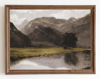 Peinture rustique de paysage de lac de montagne : impression d'art vintage (téléchargement numérique)