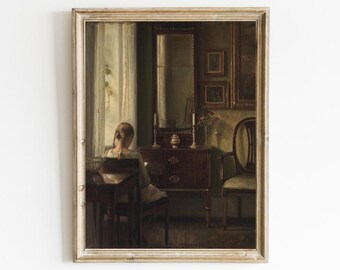 Stampa artistica di donna vittoriana che legge: Moody Dark Academia Decor (download digitale)