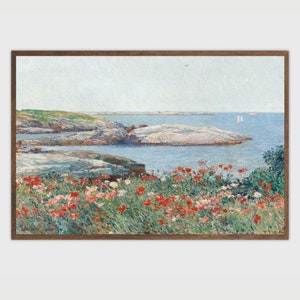 Coastal Floral Landscape Print, Vintage Seascape Painting, Rocky Beach Print, Seascape Flowers, Landscape Oil Painting, Ocean Printable Art image 2
