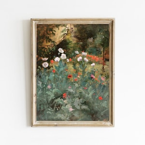 Poppy Flower Painting, Antique Meadow, Vintage Landscape Painting, Cottage Farmhouse Decor, Floral Art Print, Poppies Print, Printable Art