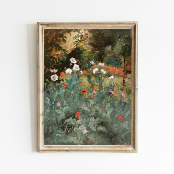 ヴィンテージのポピーの花の絵画：アンティークな草原の風景（デジタル