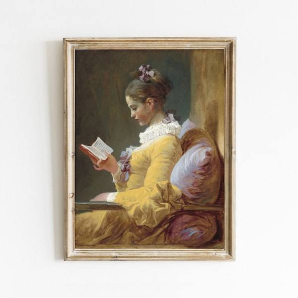 Girl Reading Antique Portrait, Vintage Painting, Moody Art Decor, Printable Wall Art, Girl Reading a Book, Vintage Artwork, Downloadable Art