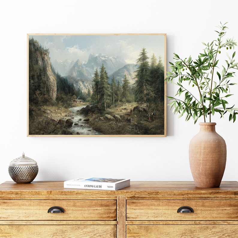 Rustic Mountain Landscape Painting Vintage Forest Print | Etsy
