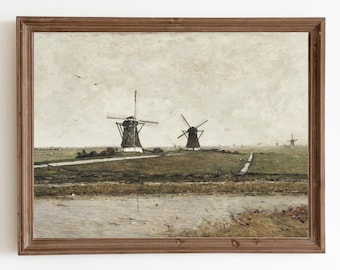風車の絵画：ヴィンテージオランダ風景画アートプリント（デジタル