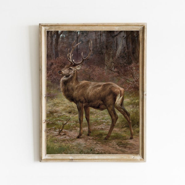 Rustic Deer Painting, Vintage Animal Print, Man Cave Hunting Decor, Landscape Painting, Cabin Wall Art,  Digital Printable, Downloadable Art