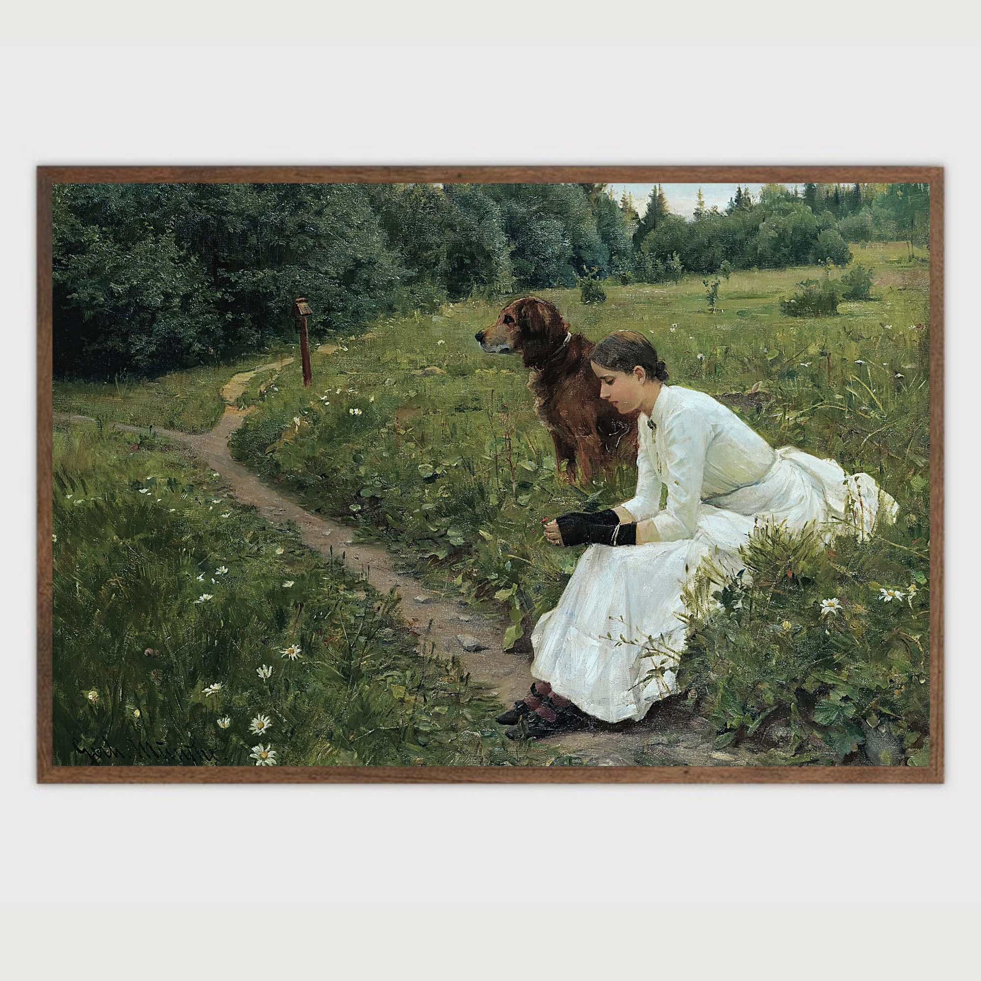 Vintage Woman and Dog Landscape Painting Art Print (digital Download ...