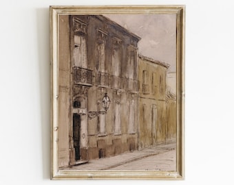Paris Architecture Print, Vintage Neutral Cityscape Painting, Antique Drawing, Printable Art