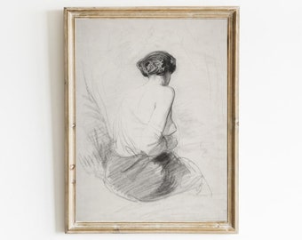 Schizzo di donna d'epoca, disegno di ritratto antico, download digitale di arte murale neutra