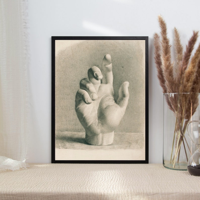 May include: A black and white drawing of a hand in a vintage style. The hand is depicted in a gesture of pointing upwards.