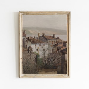 European Village Painting, Vintage Architecture Print, Antique Cityscape Oil Painting, Moody Neutral Vintage Art Print, Printable Wall Art