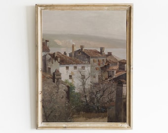ヴィンテージのドイツの村の絵画：アンティークな都市景観アート、ヨーロッパの建築プリント（デジタルダウンロード）