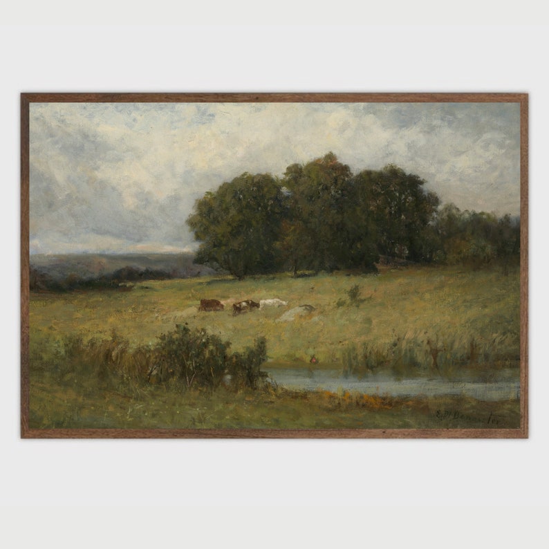 Country Landscape Print, Vintage Oil Painting, Meadow Painting, Farmhouse Decor, Antique Wall Art, Landscape Painting, Printable Wall Art image 2
