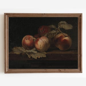 Vintage Peaches Still Life Painting: Moody Kitchen Art Print (Digital Download)